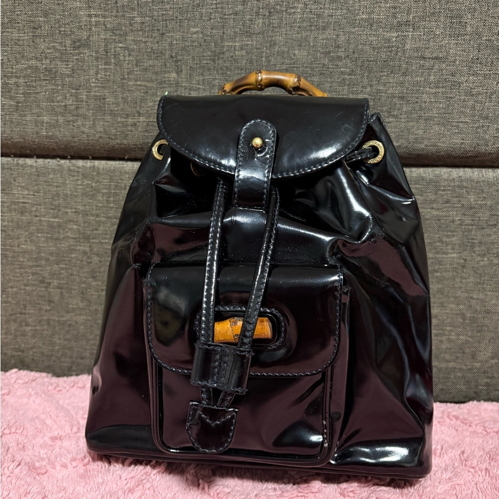 Gucci Vintage Bamboo Black Patent Leather Backpack